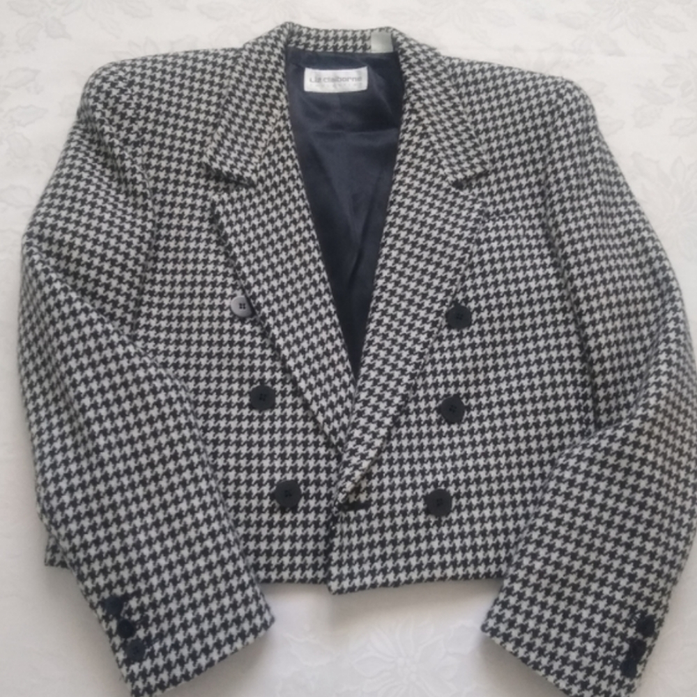 Cropped Double Breasted Jacket Wool Blend Gingham… - image 1